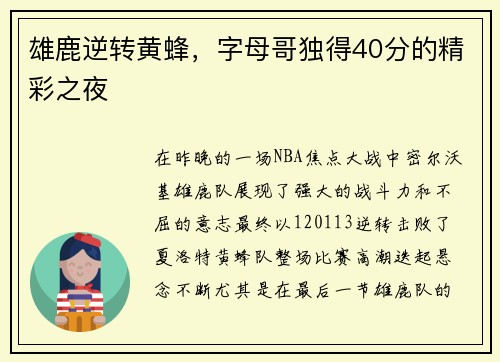 雄鹿逆转黄蜂，字母哥独得40分的精彩之夜
